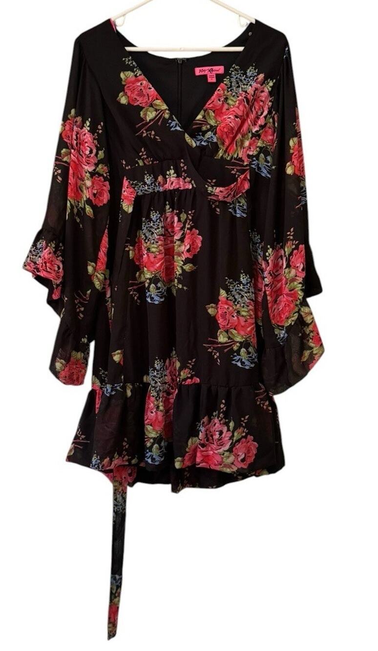 Betsey Johnson Black Floral Wrap Midi Dress with Pink & Green Accents